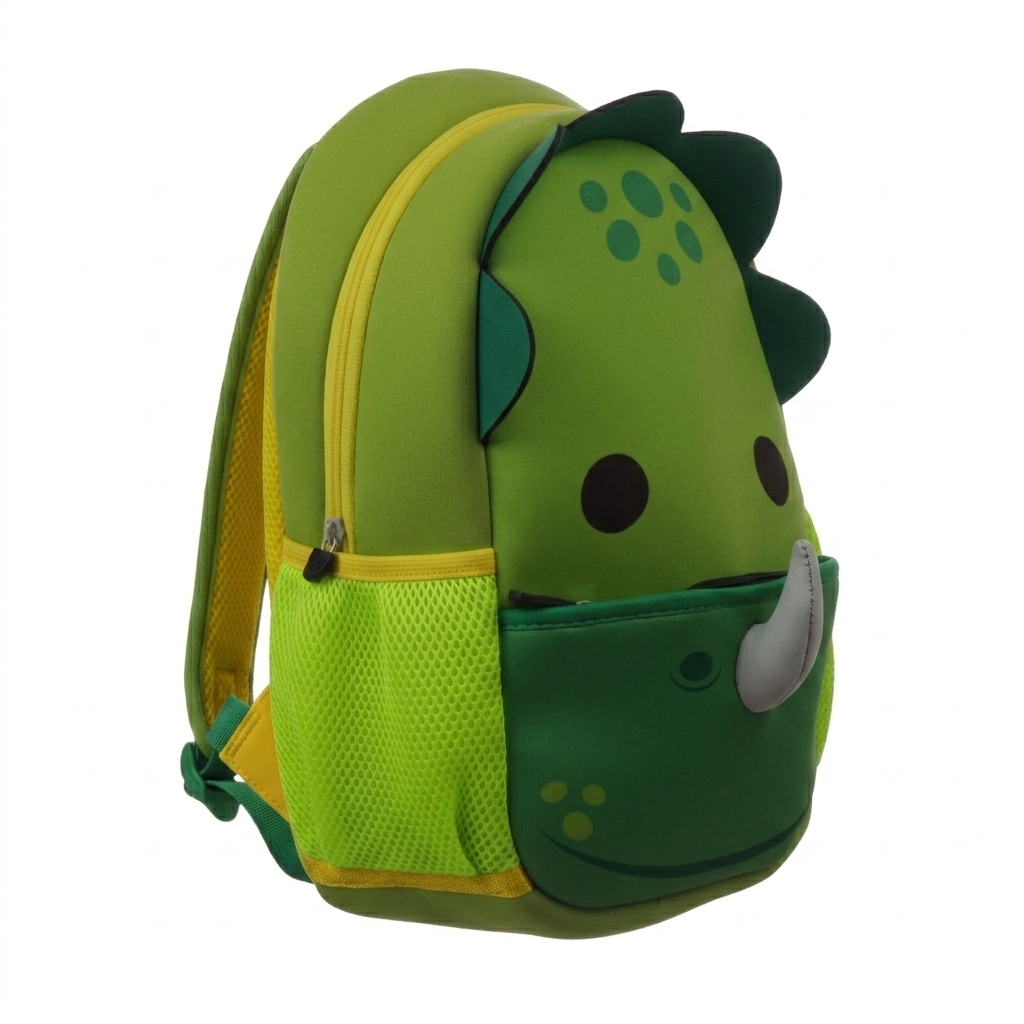 Left side view Dino toddler bag showing stretchy side mesh pockets for water bottles.