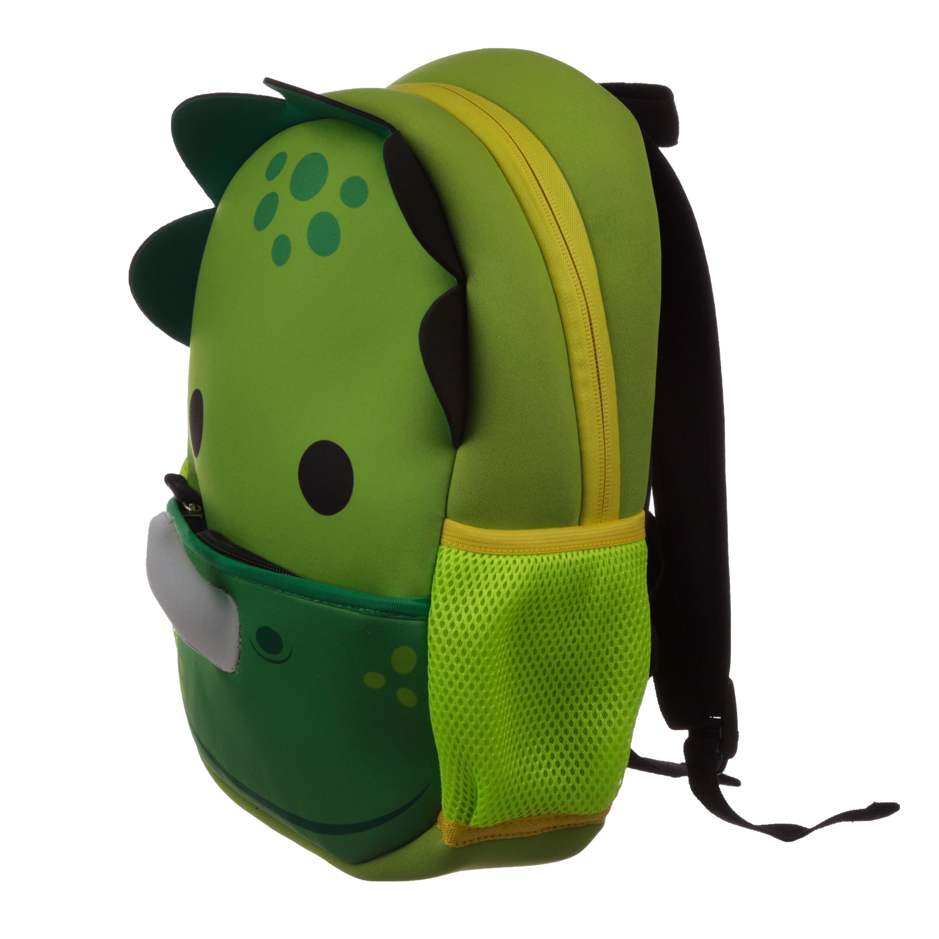 Right side view Dino toddler bag showing stretchy side mesh pockets for water bottles.
