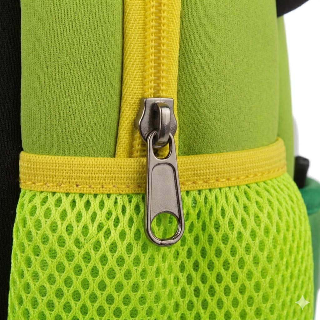 Close-up of the water-resistant green neoprene fabric and zip.