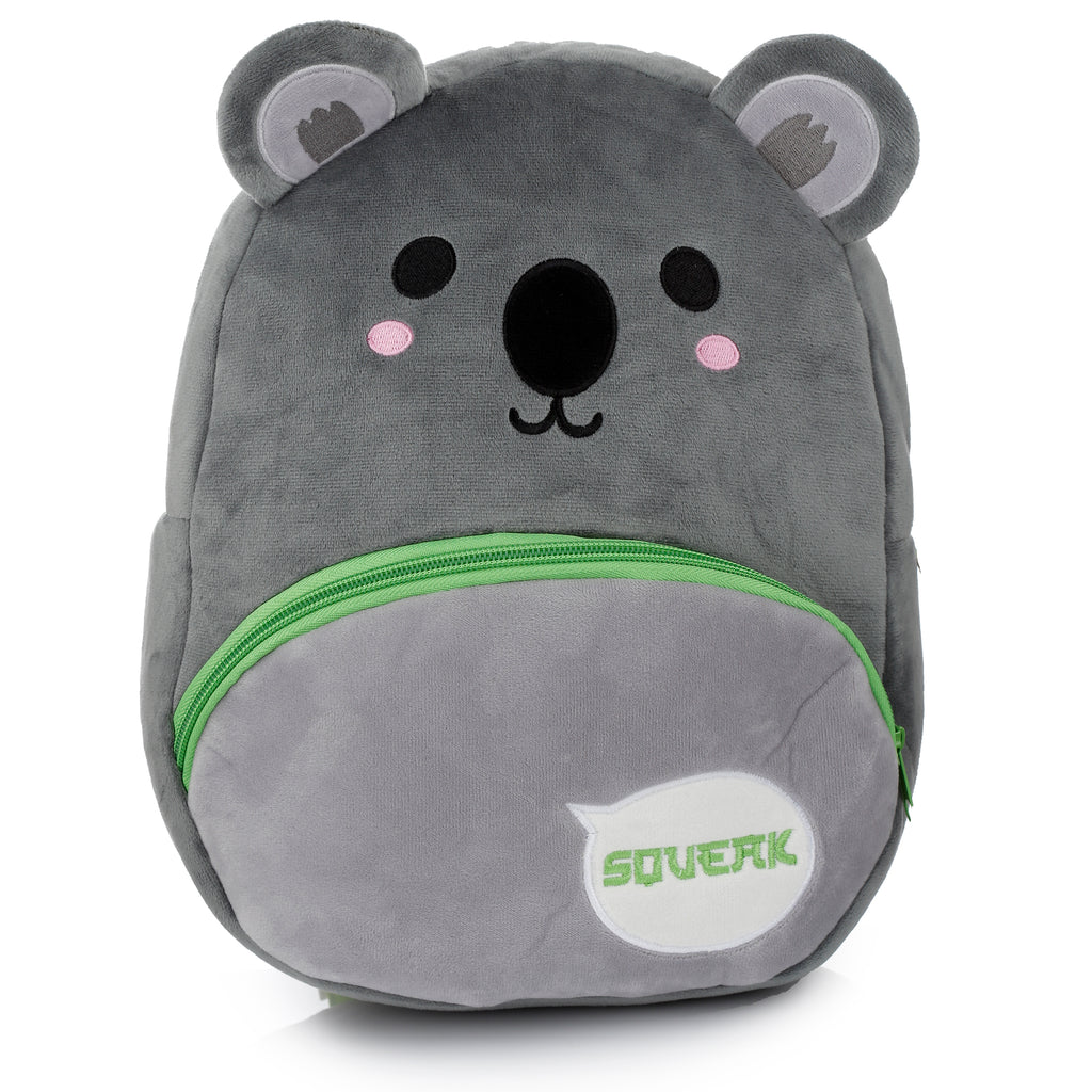 Adoramals Koala plush kids backpack with large fuzzy ears and grey fur.