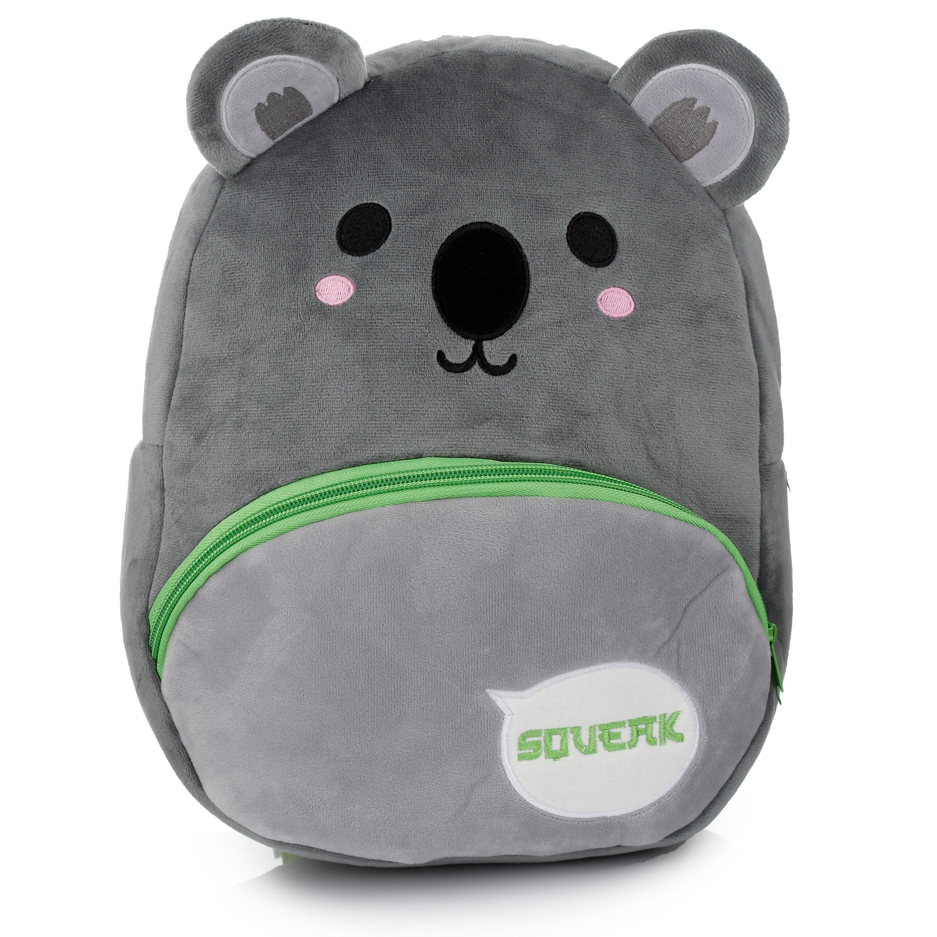 Adoramals Koala plush kids backpack with large fuzzy ears and grey fur.