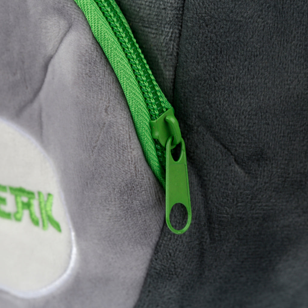 Close-up of the bright lime green zippers and SQUEAK detail on koala bag.