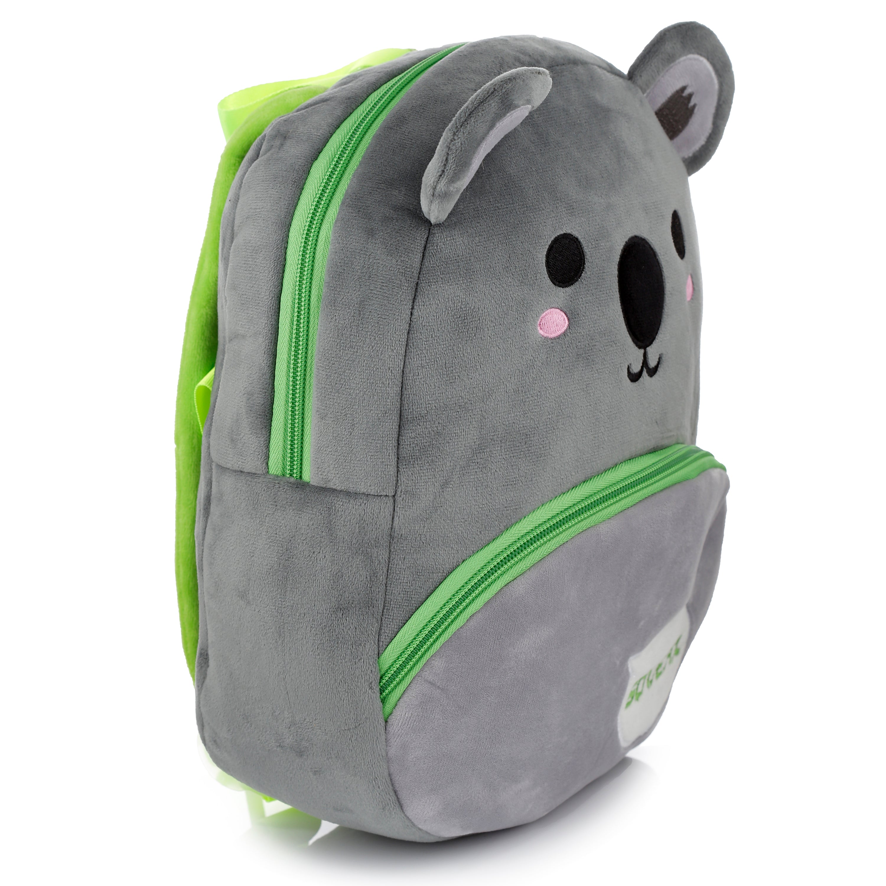 Left side view of the Koala plush bag showing the 10cm depth and soft fabric.