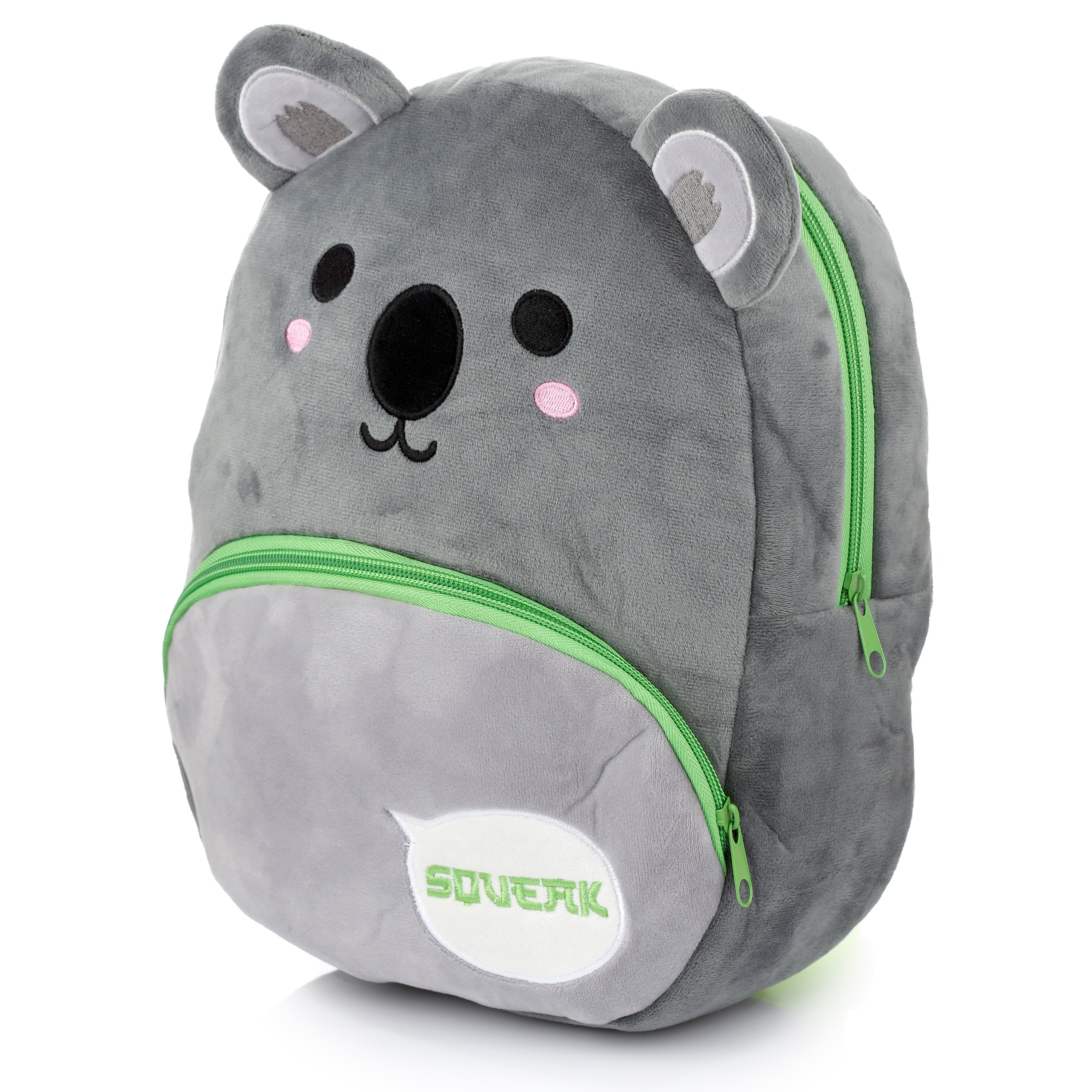 Right side view of the Koala plush bag showing the 10cm depth and soft fabric.
