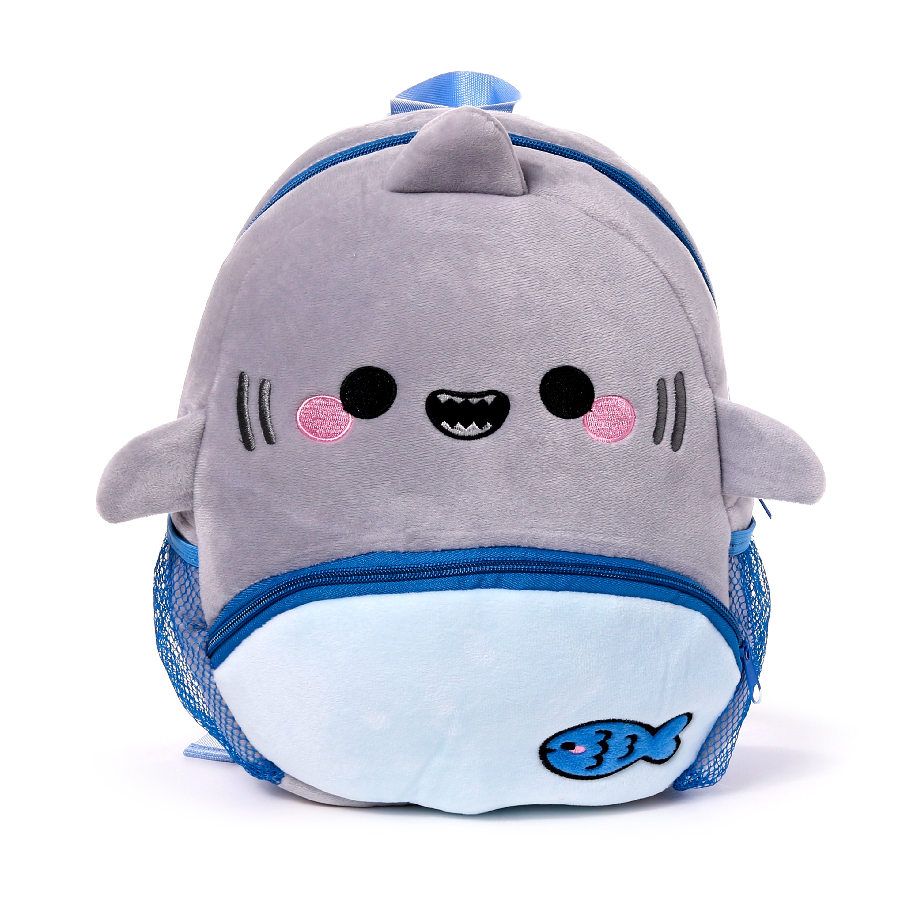 Archie the Shark grey plush kids backpack with toothy grin.