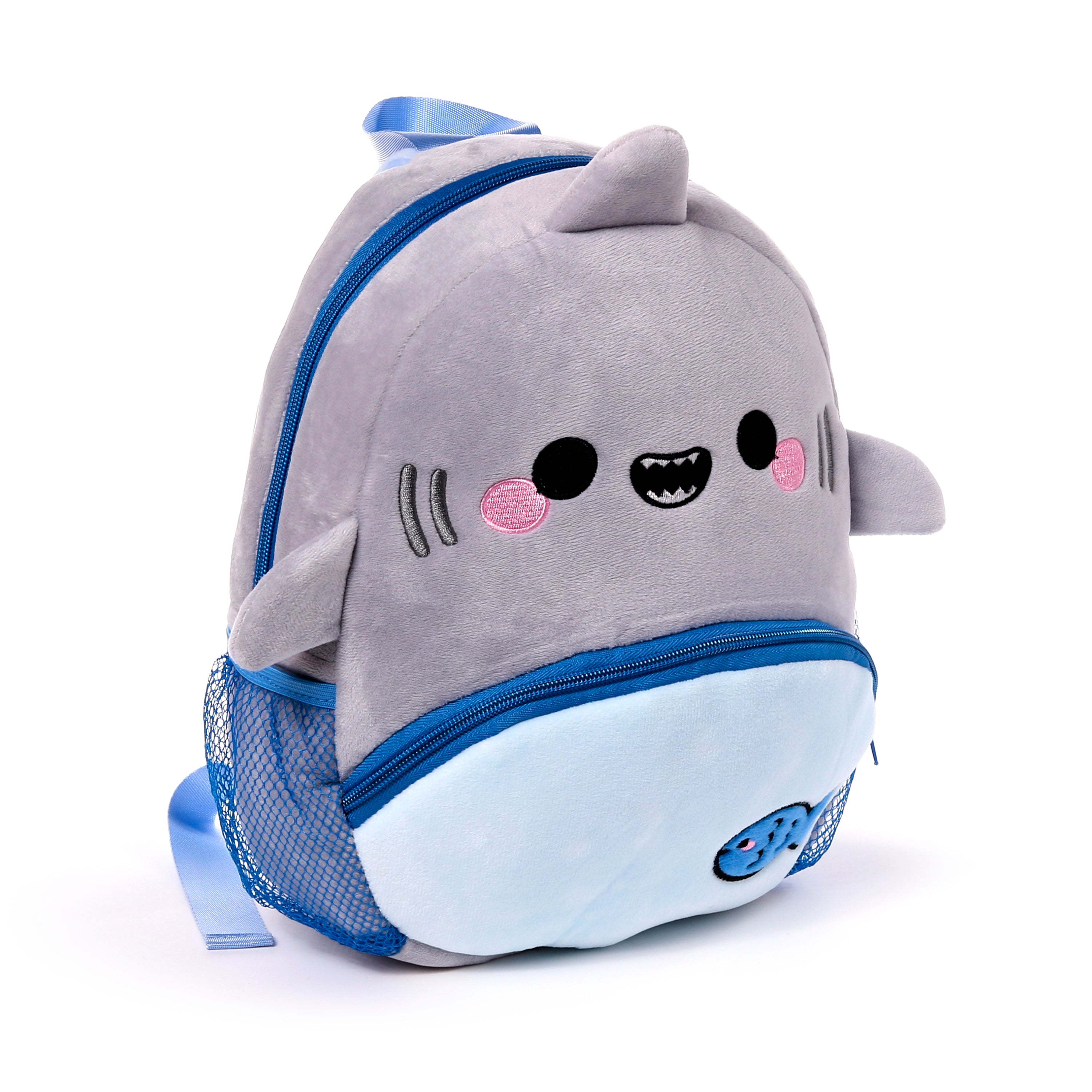 Left side view of the front zip pocket with fish embroidery on shark backpack.