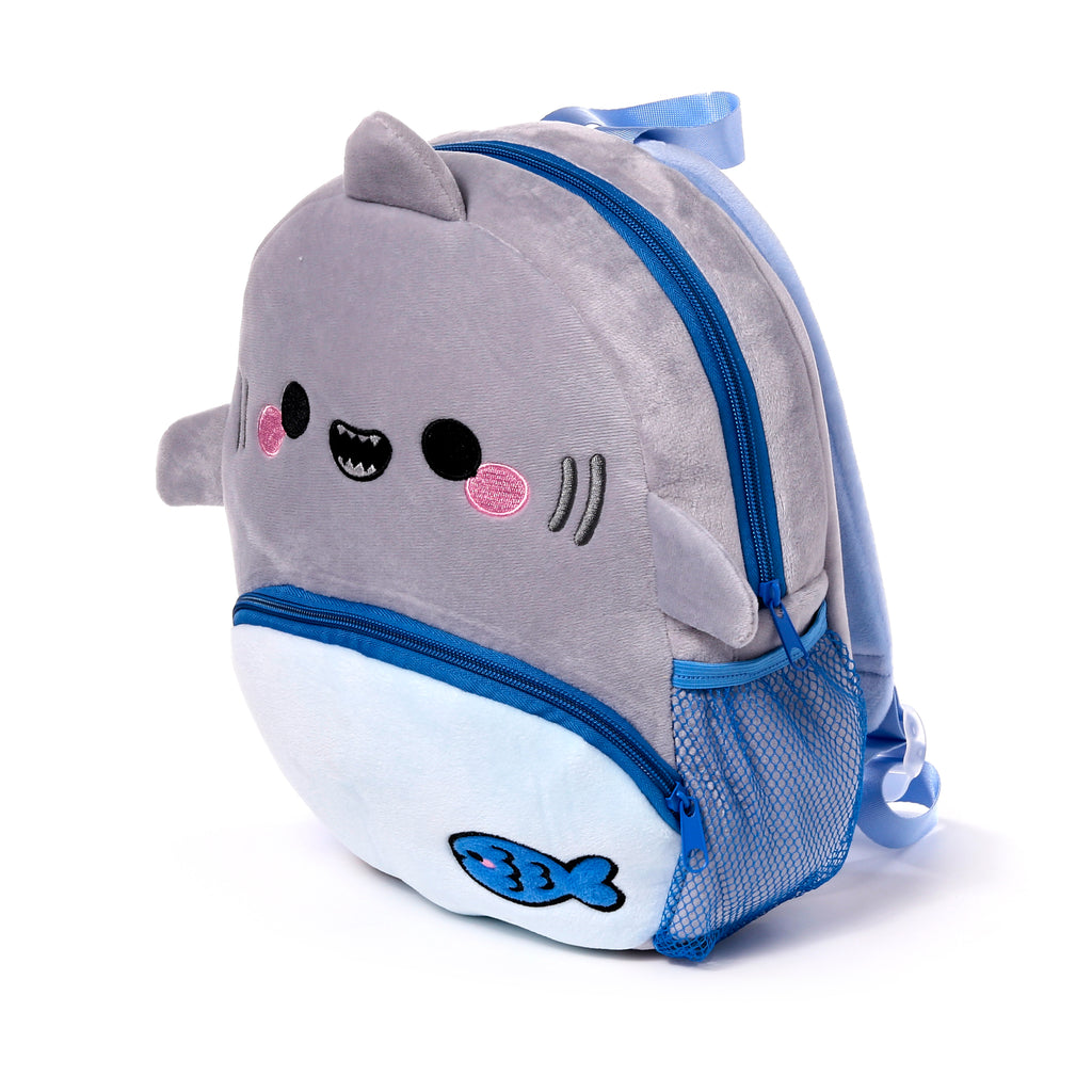 Right side view of the front zip pocket with fish embroidery on shark backpack.