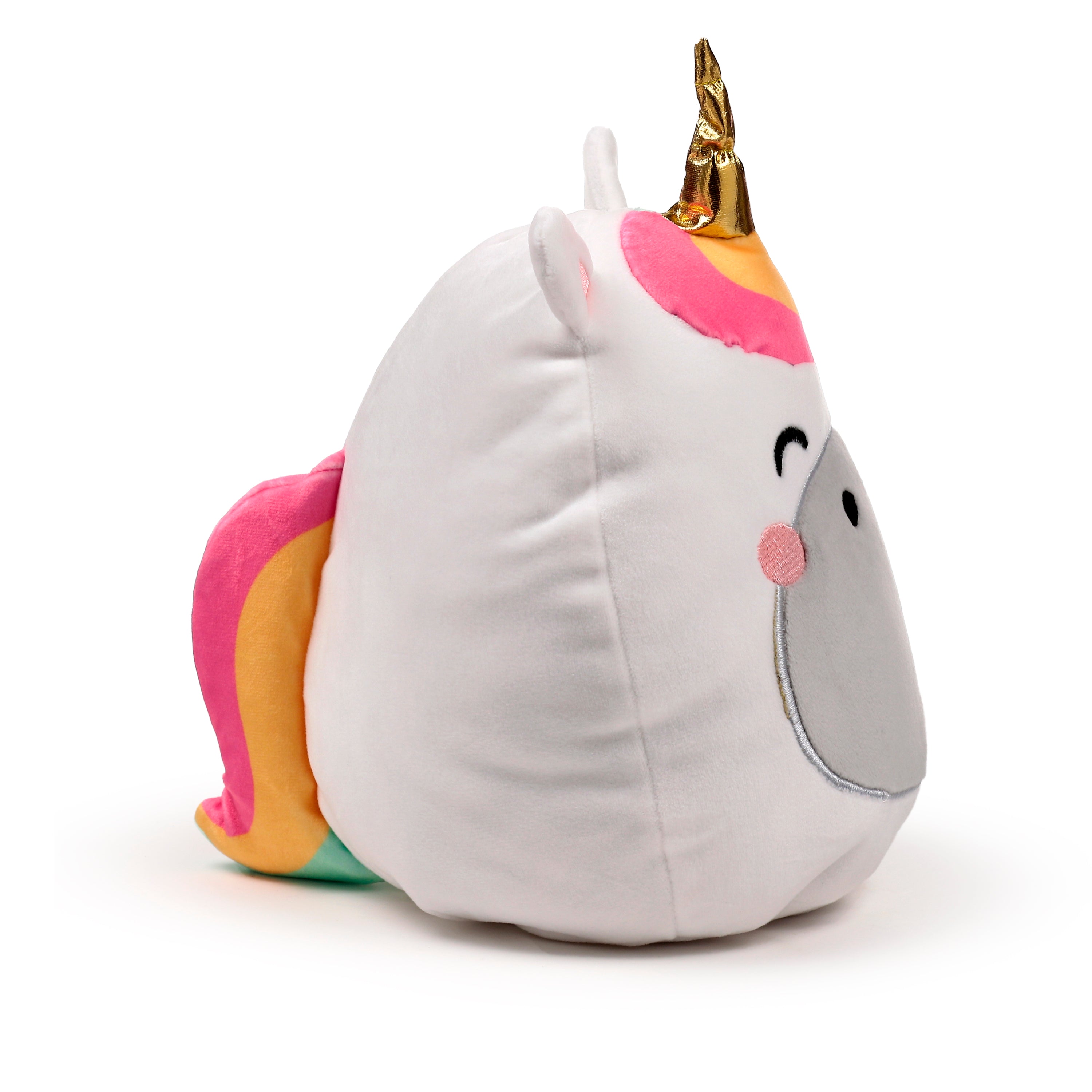 Left profile view of Squidglys Astra the Unicorn plush toy with golden horn and white Velboa fur.
