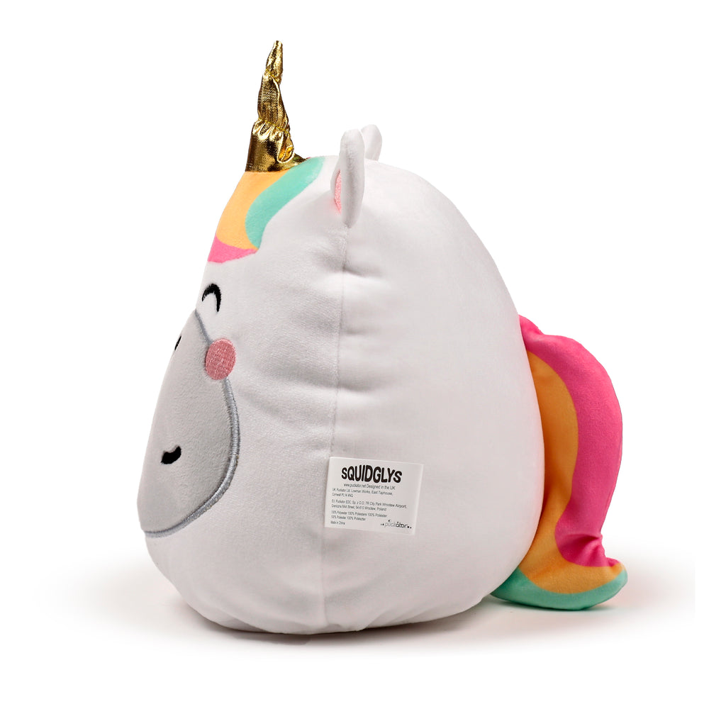 Right profile view of Squidglys Astra the Unicorn plush toy with golden horn and white Velboa fur.