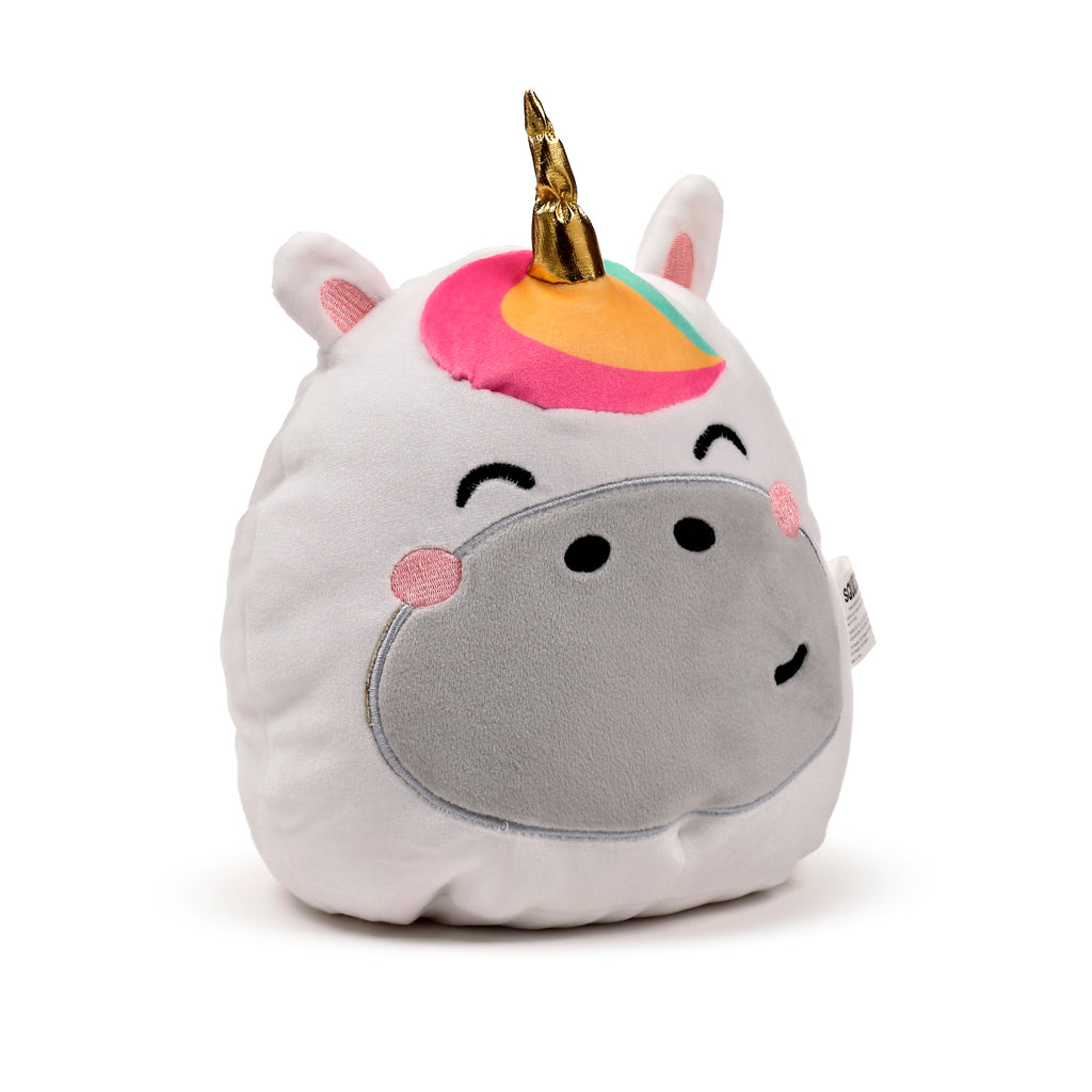 Left side view of Squidglys Astra the Unicorn plush toy with golden horn and white Velboa fur.