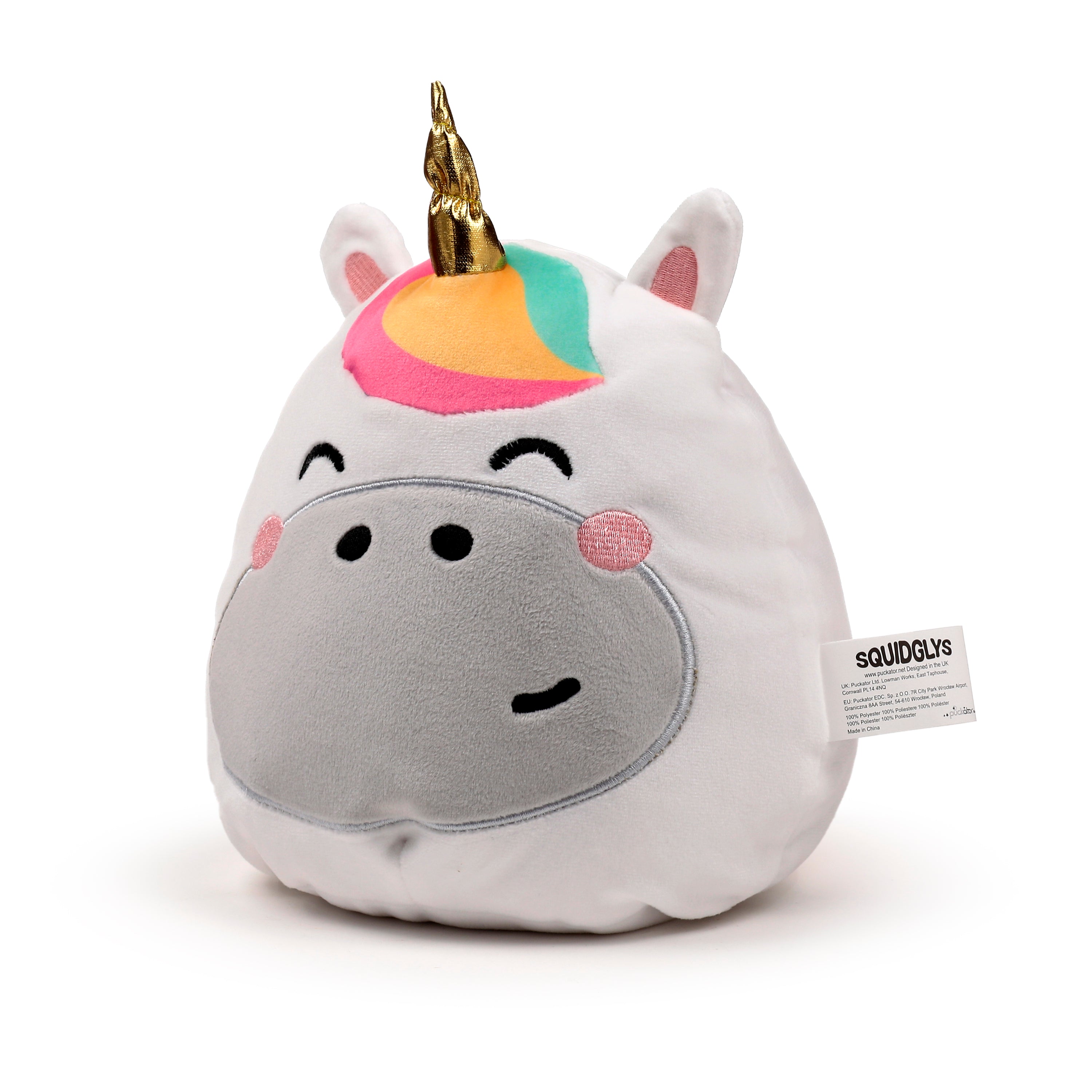 Right side view of Squidglys Astra the Unicorn plush toy with golden horn and white Velboa fur.