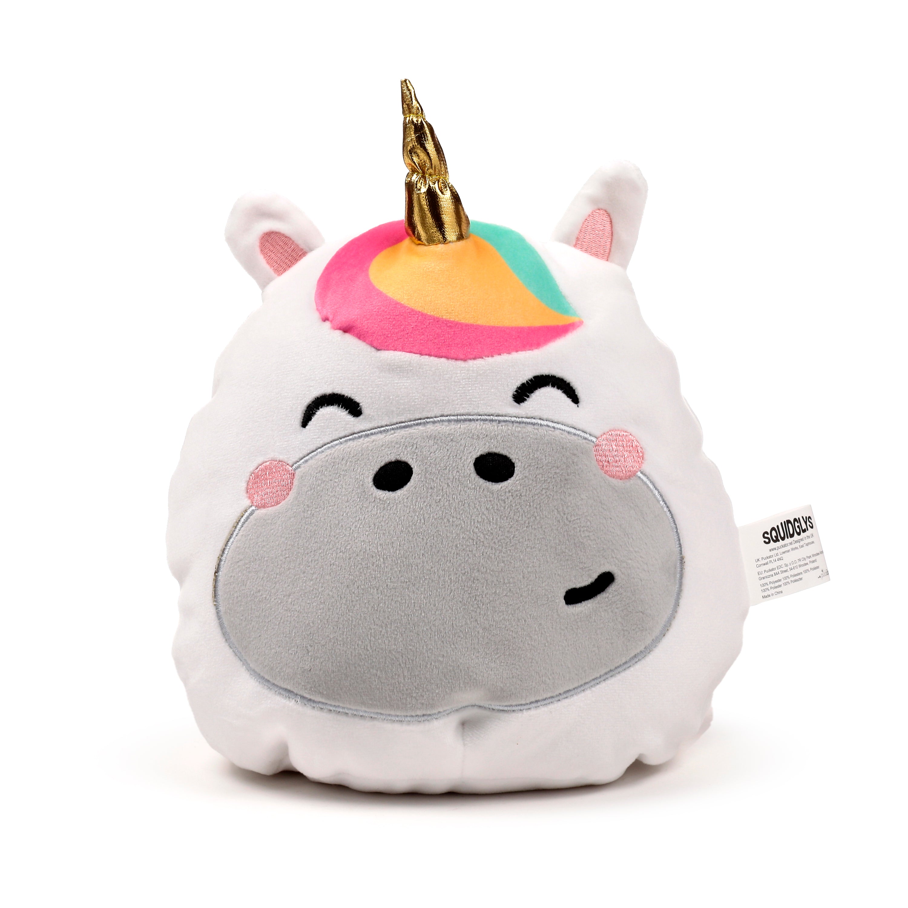 Squidglys Astra the Unicorn plush toy with golden horn and white Velboa fur.