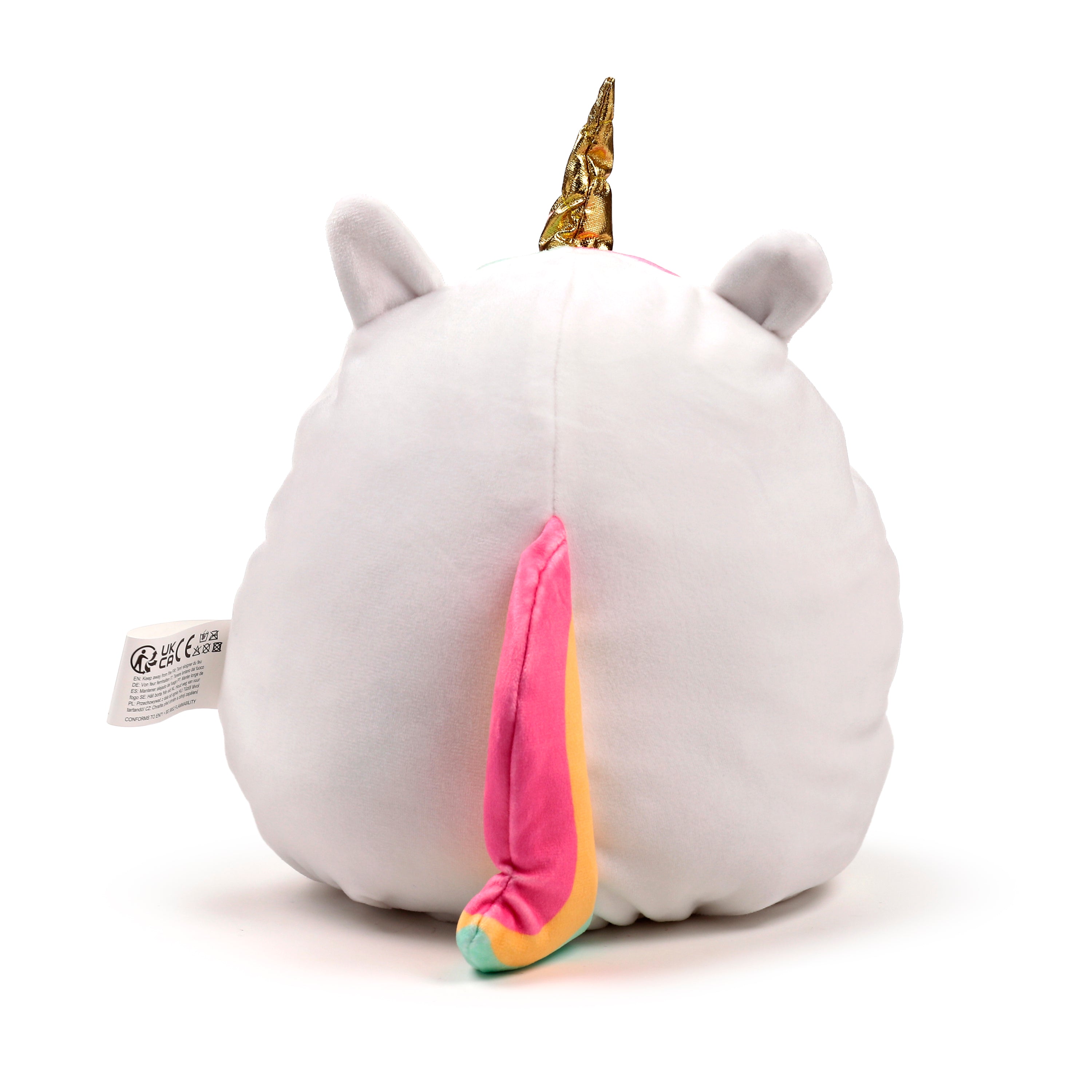 Back view of Squidglys Astra the Unicorn plush toy with golden horn and rainbow tail.