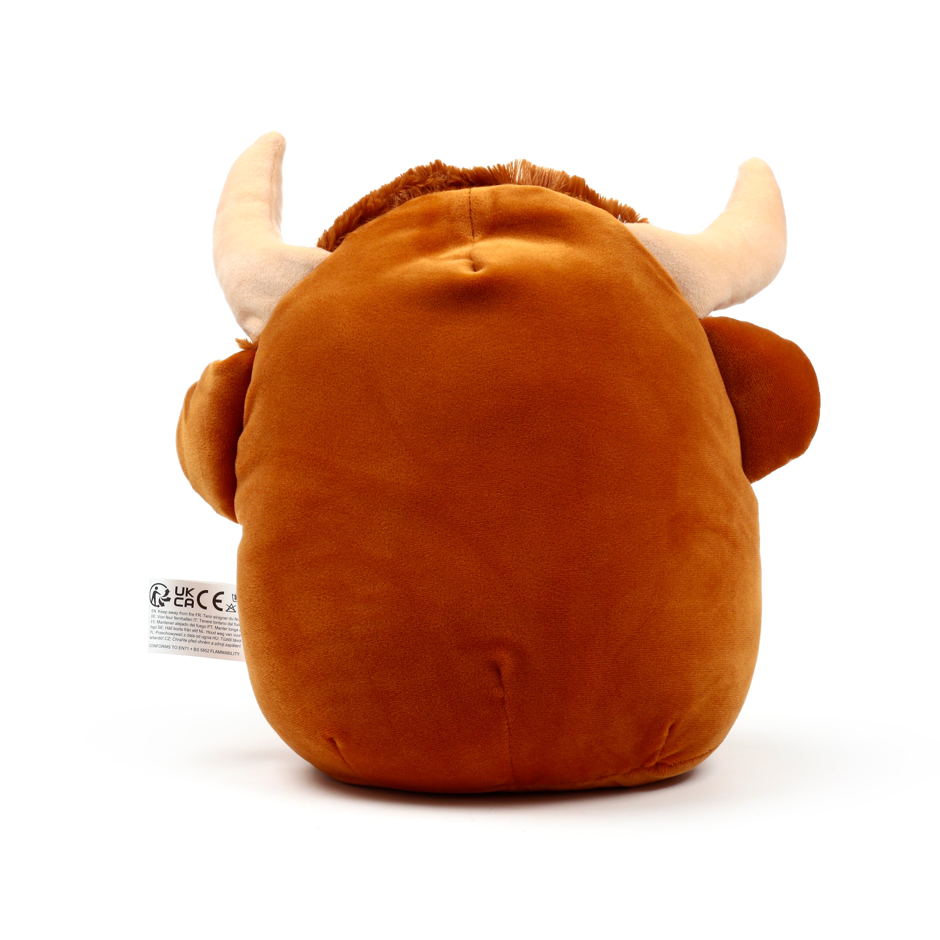 Squidglys Highland Coo Cow plush toy with shaggy ginger fur and soft tan horns back.