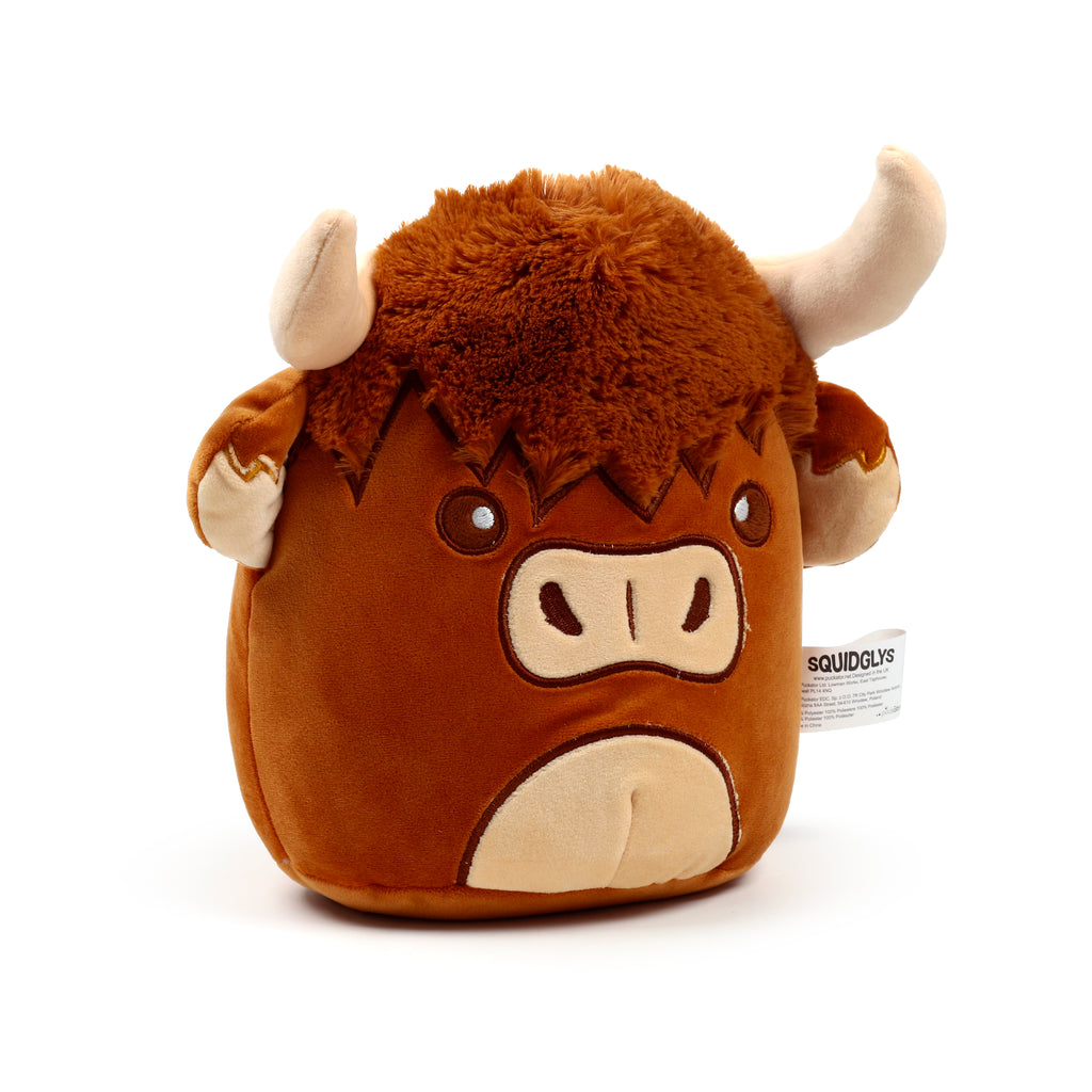 Squidglys Highland Coo Cow plush toy with shaggy ginger fur and soft tan horns left.