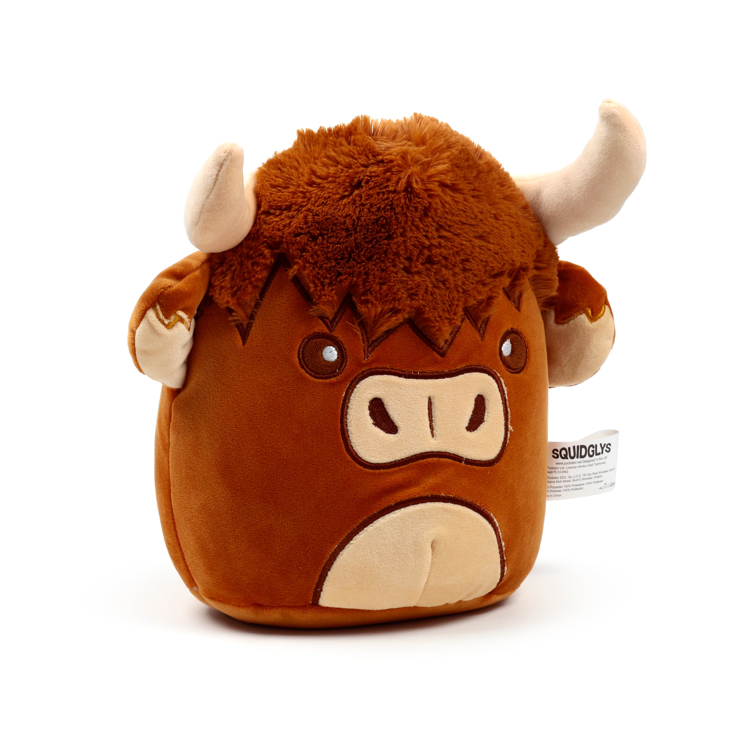 Squidglys Highland Coo Cow plush toy with shaggy ginger fur and soft tan horns left.