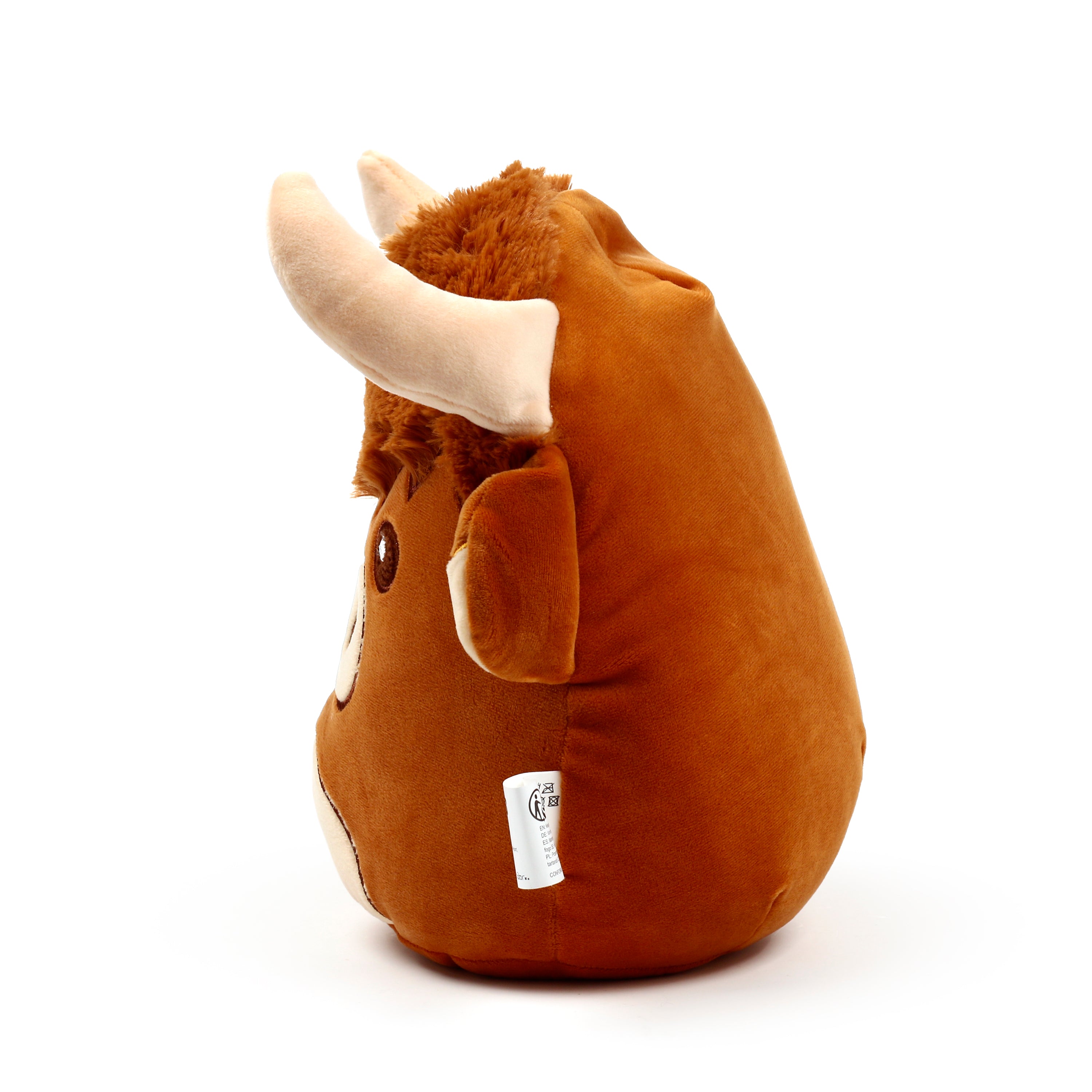 Squidglys Highland Coo Cow plush toy with shaggy ginger fur and soft tan horns profile right.