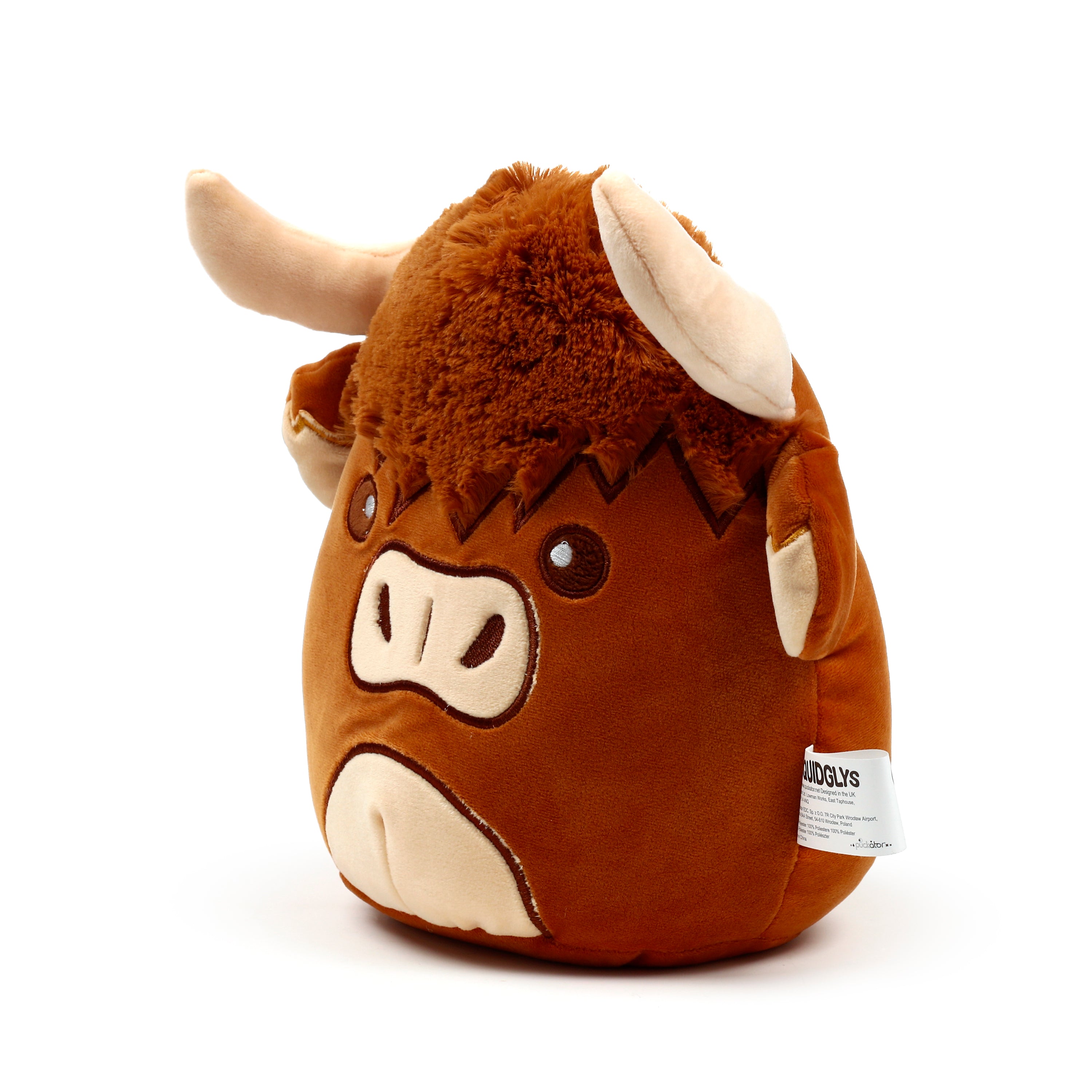Squidglys Highland Coo Cow plush toy with shaggy ginger fur and soft tan horns right.