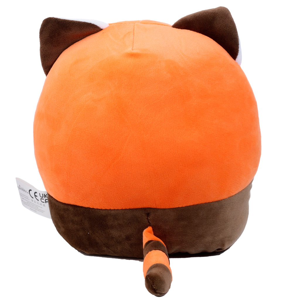 Squidglys Ru the Red Panda plush toy in orange and brown with a winking face back.