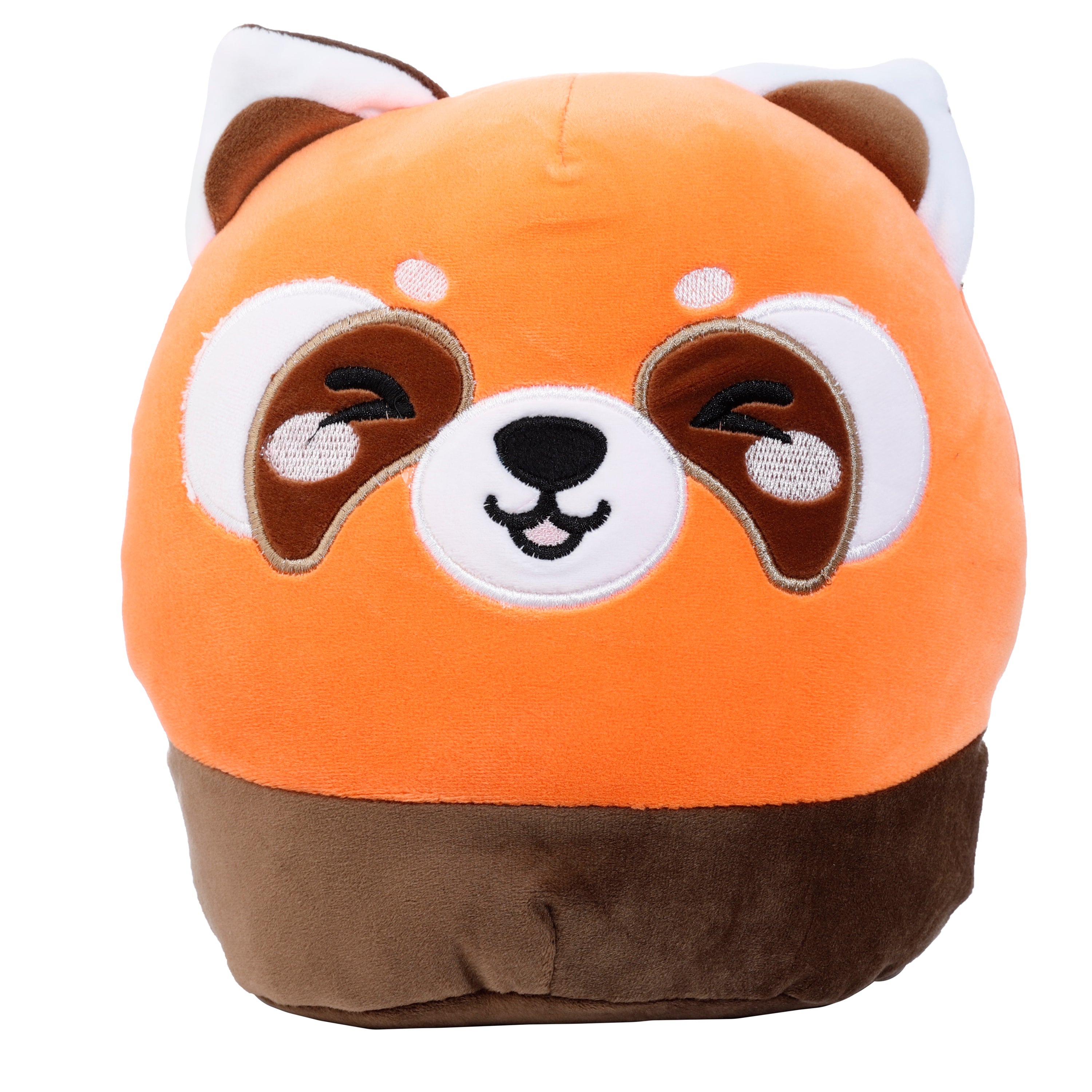 Squidglys Ru the Red Panda plush toy in orange and brown with a winking face front.