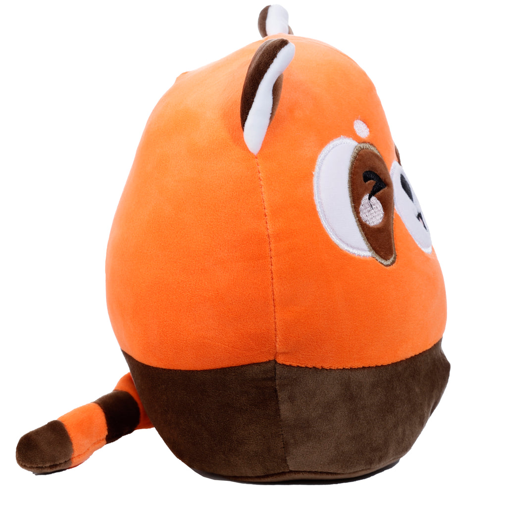 Squidglys Ru the Red Panda plush toy in orange and brown with a winking face left.