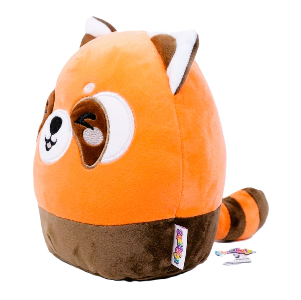 Squidglys Ru the Red Panda plush toy in orange and brown with a winking face right.